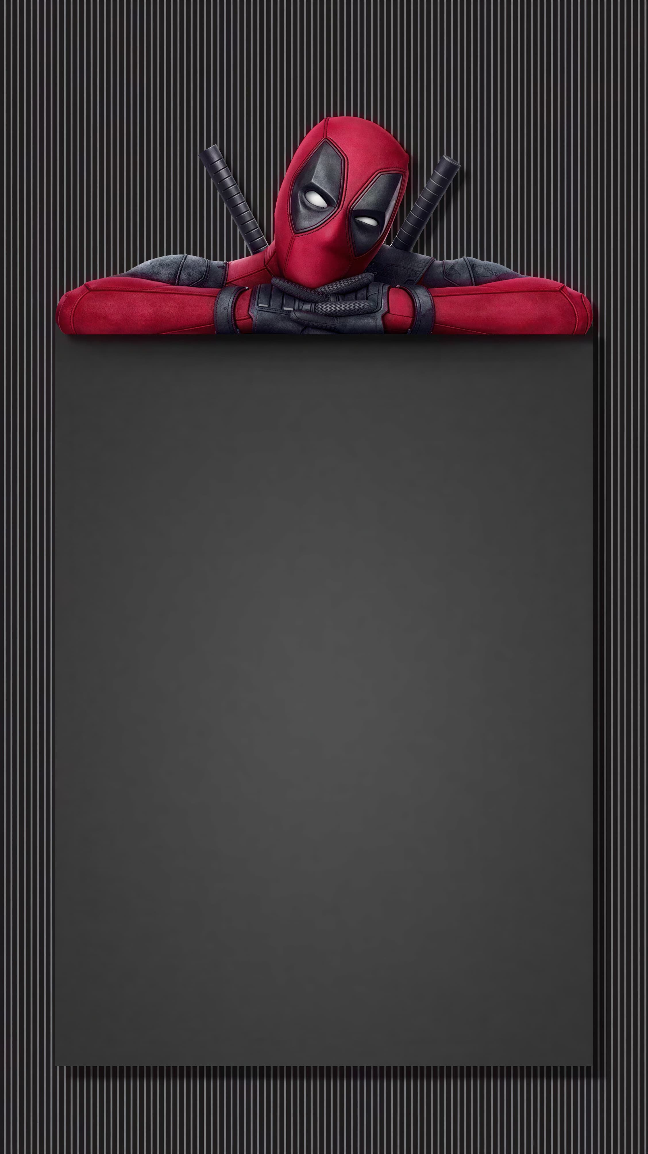 Deadpool peeking over a dark dossier panel